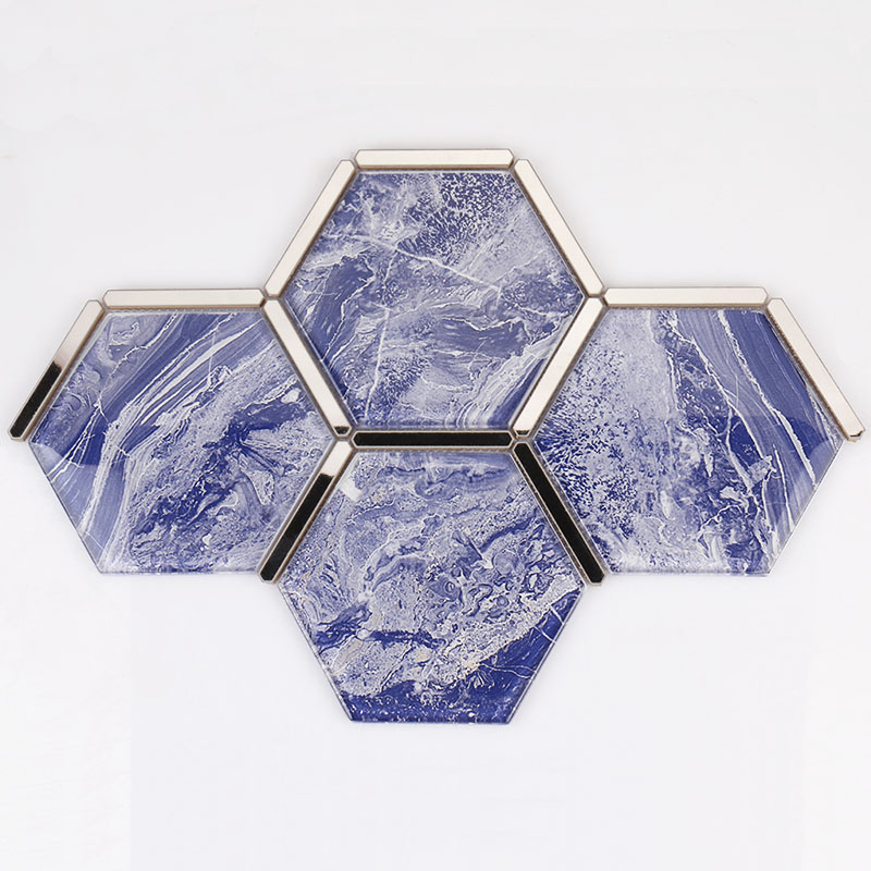 Blue hexagonal glass mosaic tiles