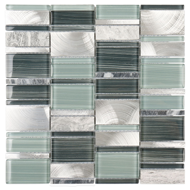 Brushed green glass aluminum grey stone mosaic