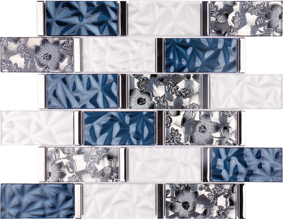 Modern Rectangle Subway Tile Silver White Blue 3D Folds Glass Flower Design Mosaic Tiles for Bathroom Hotel Walls